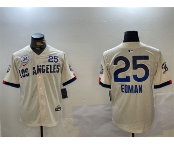 Men's Los Angeles Dodgers #25 Tommy Edman Cream 2024 World Series With No. 34 Patch City Connect Limited Stitched Baseball Jersey
