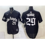 Men's Los Angeles Dodgers #29 Tarik Skubal Black LA Gothic Style 2025 World Series Champions Patch Limited Stitched Baseball Jersey Men's Los Angeles Dodgers #29 Tarik Skubal Black LA Gothic Style 2025 World Series Champions Patch Limited Stitched Baseball Jersey