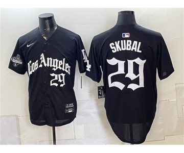 Men's Los Angeles Dodgers #29 Tarik Skubal Black LA Gothic Style 2025 World Series Champions Patch Limited Stitched Baseball Jersey