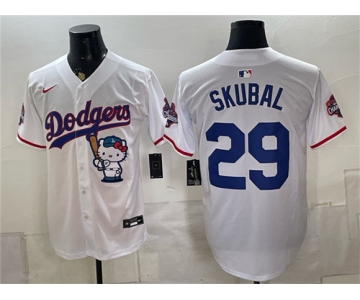 Men's Los Angeles Dodgers #29 Tarik Skubal White Hello Kitty Night 2025 World Series Champions Patch Limited Stitched Baseball Jersey