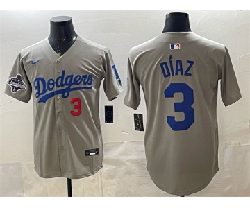 Men's Los Angeles Dodgers #3 Edwin Díaz Grey With 2025 World Series Champions Patch Limited Stitched Baseball Jersey