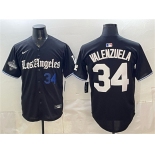 Men's Los Angeles Dodgers #34 Fernando Valenzuela Black 2025 World Series Champions Patch 'Gothic Edition' Vapor Premier Limited Stitched Baseball Jersey