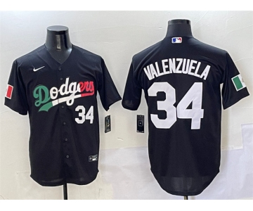 Men's Los Angeles Dodgers #34 Fernando Valenzuela Black Mexico Flag Cool Base Stitched Baseball Jersey