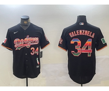 Men's Los Angeles Dodgers #34 Fernando Valenzuela Black Rainbow Mexico Cool Base Stitched Fashion Jersey
