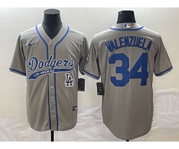 Men's Los Angeles Dodgers #34 Fernando Valenzuela Grey With Patch Cool Base Stitched Baseball Jersey