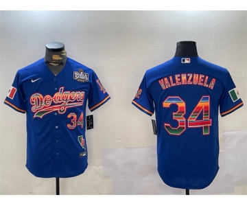 Men's Los Angeles Dodgers #34 Fernando Valenzuela Royal 2024 World Series Mexico California Patch Cool Base Stitched Baseball Jersey