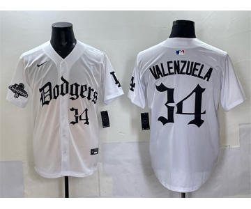 Men's Los Angeles Dodgers #34 Fernando Valenzuela White 2025 LA Gothic Style With 2024 World Series Champions Patch Vapor Premier Limited Stitched Baseball