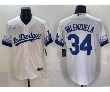 Men's Los Angeles Dodgers #34 Fernando Valenzuela White City Connect Cool Base Stitched Jersey