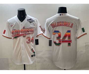 Men's Los Angeles Dodgers #34 Fernando Valenzuela White Mexico California Patch 2025 World Series Patch Stitched Baseball Jersey