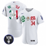 Men's Los Angeles Dodgers #34 Fernando Valenzuela White Mexico Special Vin Scully Patch Flex Base Stitched Baseball Jersey