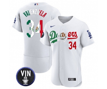 Men's Los Angeles Dodgers #34 Fernando Valenzuela White Mexico Special Vin Scully Patch Flex Base Stitched Baseball Jersey