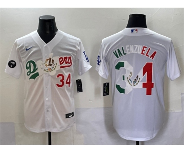 Men's Los Angeles Dodgers #34 Fernando Valenzuela White Mexico Special Vin Scully Patch Stitched Baseball Jersey