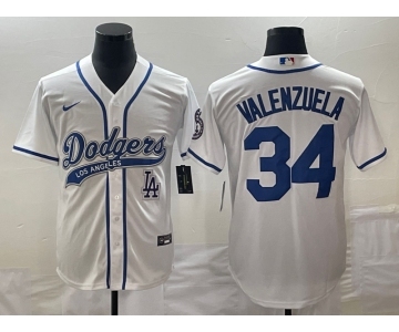 Men's Los Angeles Dodgers #34 Fernando Valenzuela White With Patch Cool Base Stitched Baseball Jersey