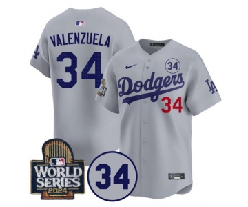 Men's Los Angeles Dodgers #34 Toro Valenzuela Gray 2024 World Series With No. 34 Patch Limited Stitched Baseball Jersey