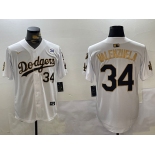 Mens Los Angeles Dodgers #34 Toro Valenzuela White Gold 2024 World Series With Fernando Memorial Patch Limited Stitched Baseball Jersey