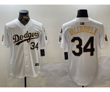 Men's Los Angeles Dodgers #34 Toro Valenzuela White Gold 2024 World Series With Fernando Memorial Patch Limited Stitched Baseball Jerseys