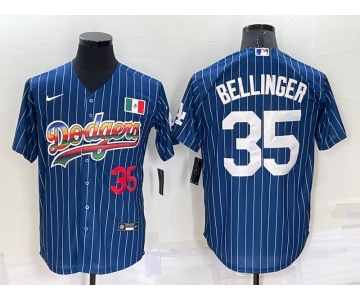 Men's Los Angeles Dodgers #35 Cody Bellinger Number Rainbow Blue Red Pinstripe Mexico Cool Base Nike Jersey