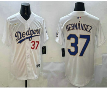 Men's Los Angeles Dodgers #37 Teoscar Hernandez Number White Gold Cool Base Stitched Jersey