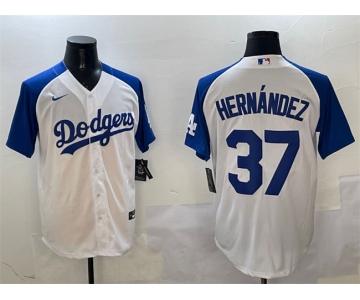 Men's Los Angeles Dodgers #37 Teoscar Hernandez White Blue Cool Base Stitched Baseball Jersey