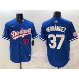 Men's Los Angeles Dodgers #37 Teoscar Hernández Royal With American Flag Patch Limited Stitched Baseball Jersey