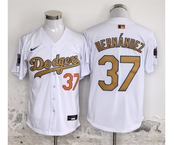 Men's Los Angeles Dodgers #37 Teoscar Hernández White Gold 2025 Cool Base Stitched Baseball Jersey