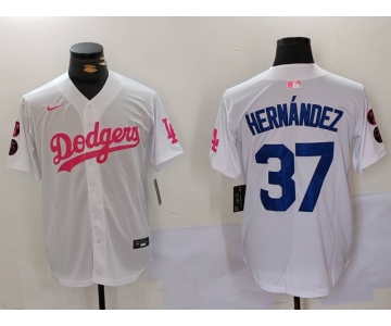 Men's Los Angeles Dodgers #37 Teoscar Hernández White Pink Vin & Kobe Patch Stitched Baseball Jersey