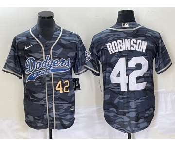 Men's Los Angeles Dodgers #42 Jackie Robinson Number Grey Camo Cool Base With Patch Stitched Baseball Jersey