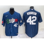 Mens Los Angeles Dodgers #42 Jackie Robinson Number Navy Blue Pinstripe 2020 World Series Cool Base Nike Jersey