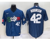 Mens Los Angeles Dodgers #42 Jackie Robinson Number Navy Blue Pinstripe 2020 World Series Cool Base Nike Jersey