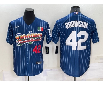 Mens Los Angeles Dodgers #42 Jackie Robinson Number Rainbow Blue Red Pinstripe Mexico Cool Base Nike Jersey