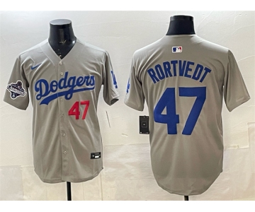 Men's Los Angeles Dodgers #47 Ben Rortvedt Gray 2025 World Series Champions Patch Limited Stitched Baseball Jersey