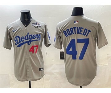 Men's Los Angeles Dodgers #47 Ben Rortvedt Gray 2025 World Series Patch Limited Stitched Baseball Jersey