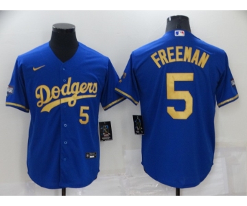 Men's Los Angeles Dodgers #5 Freddie Freeman Blue Gold Stitched MLB Cool Base Nike Fashion Jersey