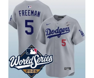 Men's Los Angeles Dodgers #5 Freddie Freeman Gray 2025 World Series Limited Stitched Baseball Jersey