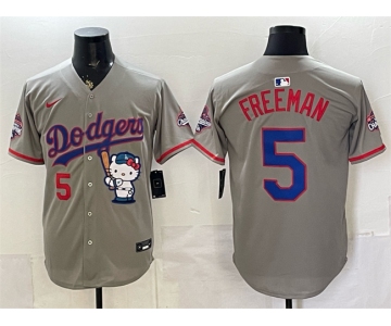 Men's Los Angeles Dodgers #5 Freddie Freeman Grey Hello Kitty Night 2025 World Series Champions Patch Stitched Baseball Jersey
