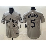 Men's Los Angeles Dodgers #5 Freddie Freeman Grey LA Gothic Style With 2025 World Series Champions Patch Limited Stitched Baseball Jersey Men's Los Angeles Dodgers #5 Freddie Freeman Grey LA Gothic Style With 2025 World Series Champions Patch Limited Stitched Baseball Jersey