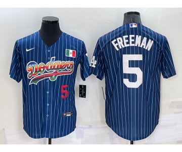 Men's Los Angeles Dodgers #5 Freddie Freeman Number Rainbow Blue Red Pinstripe Mexico Cool Base Nike Jersey