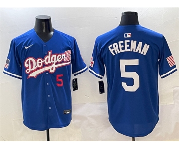 Men's Los Angeles Dodgers #5 Freddie Freeman Royal With American Flag Patch Limited Stitched Baseball Jersey