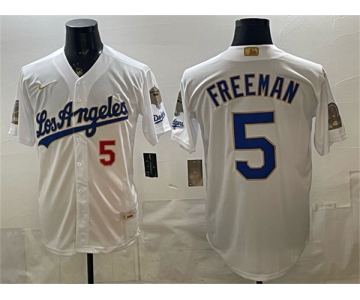 Men's Los Angeles Dodgers #5 Freddie Freeman White 2026 Gold Collection 9x & B2B Champs Patch Stitched Baseball Jersey