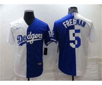 Mens Los Angeles Dodgers #5 Freddie Freeman White Blue Split Cool Base Stitched Baseball Jersey