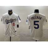 Men's Los Angeles Dodgers #5 Freddie Freeman White Gold 2024 World Series With Fernando Memorial Patch Home Limited Stitched Baseball Jersey