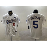 Men's Los Angeles Dodgers #5 Freddie Freeman White Gold 2024 World Series With No. 34 Patch Home Limited Stitched Baseball Jersey