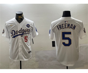 Men's Los Angeles Dodgers #5 Freddie Freeman White Gold 2024 World Series With No. 34 Patch Home Limited Stitched Baseball Jersey