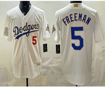 Men's Los Angeles Dodgers #5 Freddie Freeman White Gold World Series Champions Collection Limited Jersey