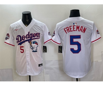 Men's Los Angeles Dodgers #5 Freddie Freeman White Hello Kitty Night 2025 World Series Champions Patch Stitched Baseball Jersey