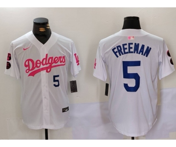 Men's Los Angeles Dodgers #5 Freddie Freeman White Pink Vin & Kobe Patch Stitched Baseball Jersey1