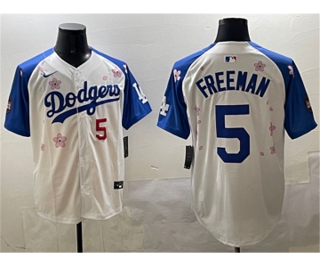 Men's Los Angeles Dodgers #5 Freddie Freeman White Royal 2025 Tokyo Series Limited Stitched Baseball Jersey