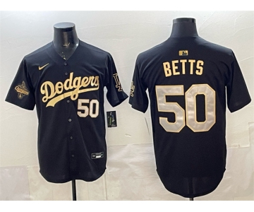 Men's Los Angeles Dodgers #50 Mookie Betts Black Gold 2025 World Series Champions Patch Limited Stitched Baseball Jersey
