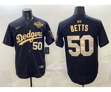 Men's Los Angeles Dodgers #50 Mookie Betts Black Gold 2025 World Series Patch Limited Stitched Baseball Jersey