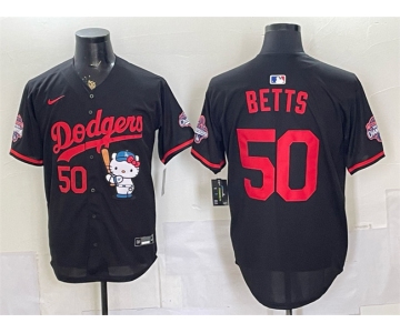 Men's Los Angeles Dodgers #50 Mookie Betts Black Hello Kitty Night 2025 World Series Champions Patch Stitched Baseball Jersey